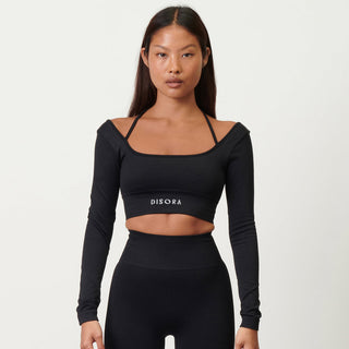 Disora Disora Cross Back Sport Crop Top L/S - Midnight Black